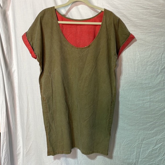 Serge Azar 6 VINTAGE taupe red short sleeve 💯cotton mini dress guc pockets - Picture 5 of 9